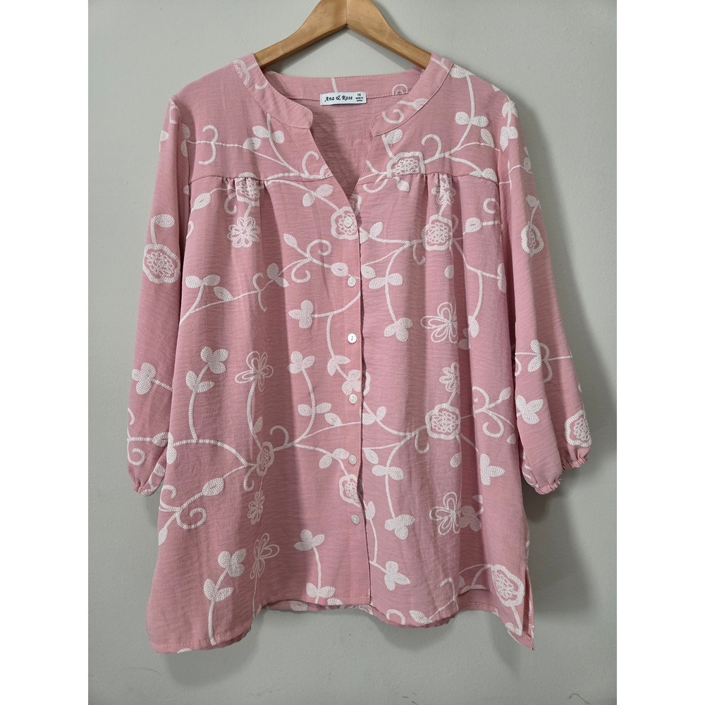 Ana & Rose Pink Floral Embroidered Button Front Blouse 1X 3/4 Sleeve Tunic
